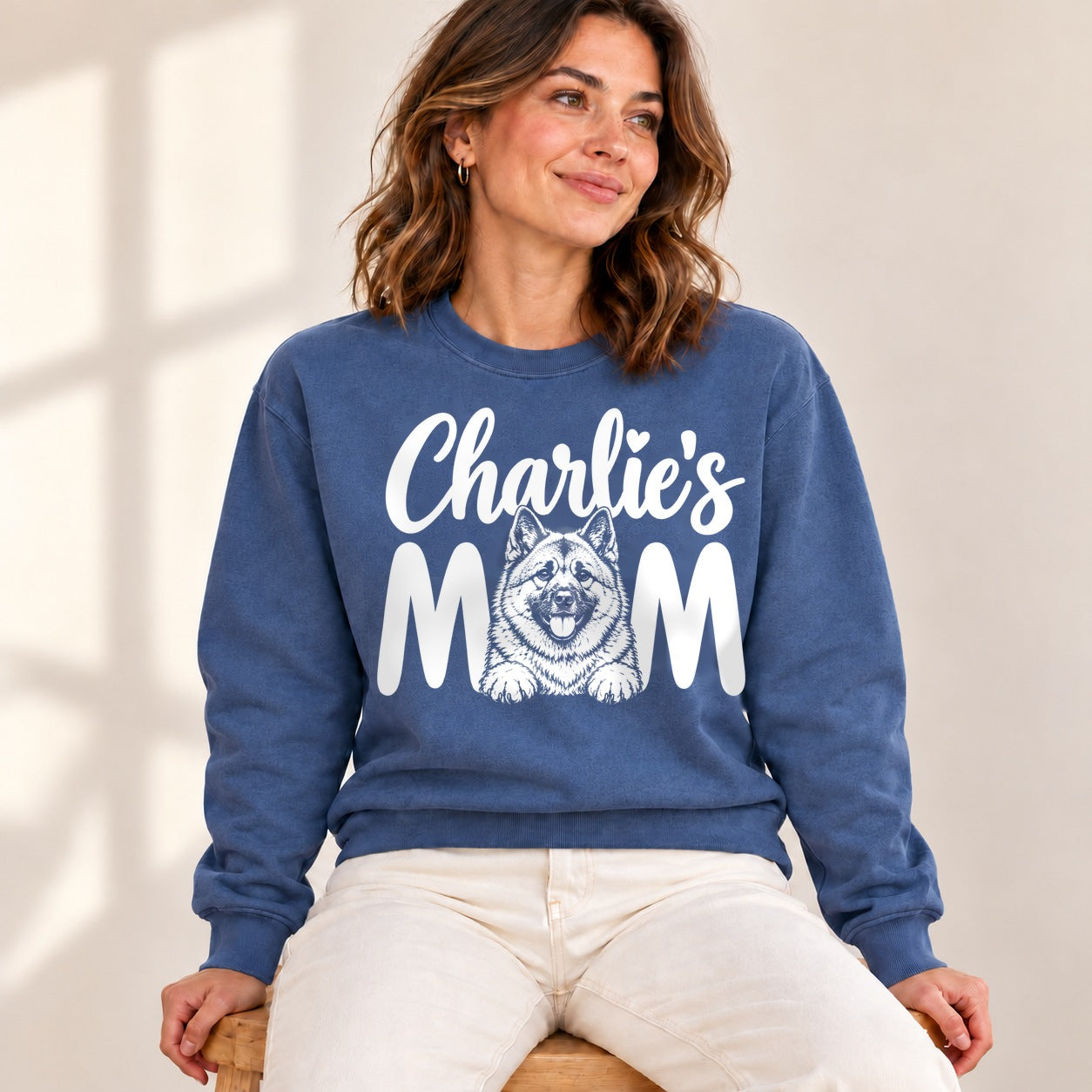 Personalized Norwegian Elkhound Charlie’s Mom sweatshirt lifestyle photo 1; example pet name