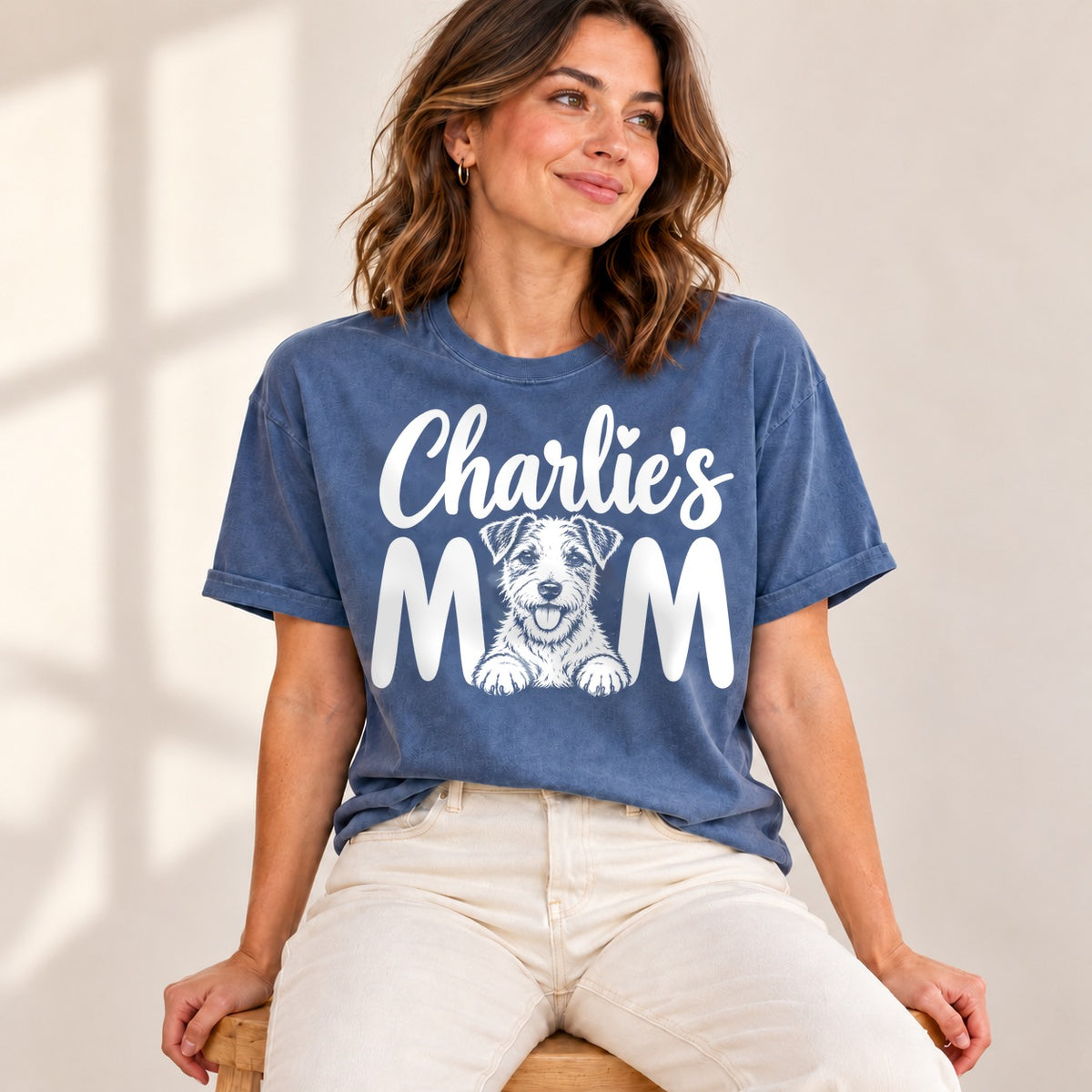 Personalized Parson Russell Terrier Charlie’s Mom T-Shirt — Basic shown with example pet names