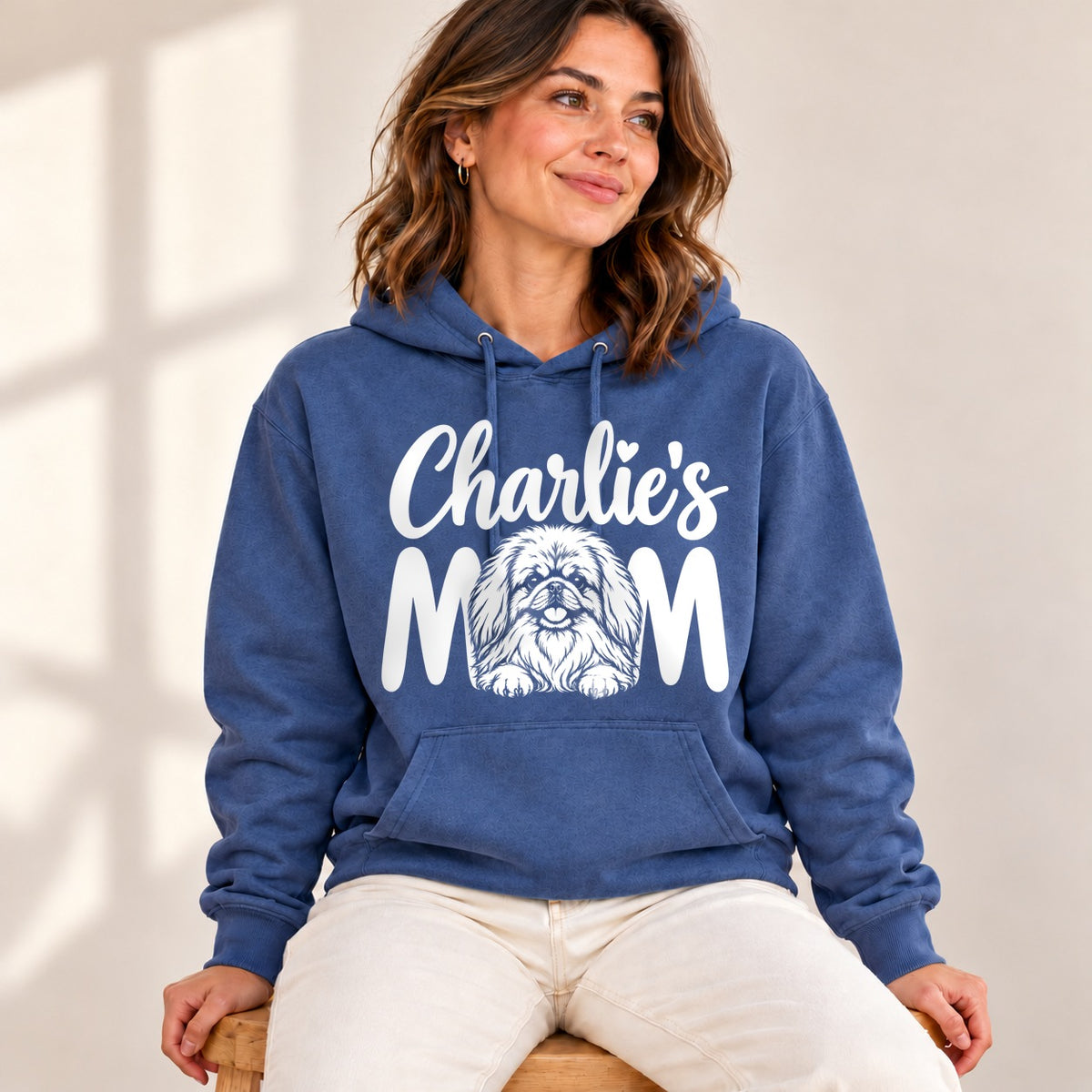 Personalized Pekingese Charlie’s Mom hoodie lifestyle photo 1; example pet name