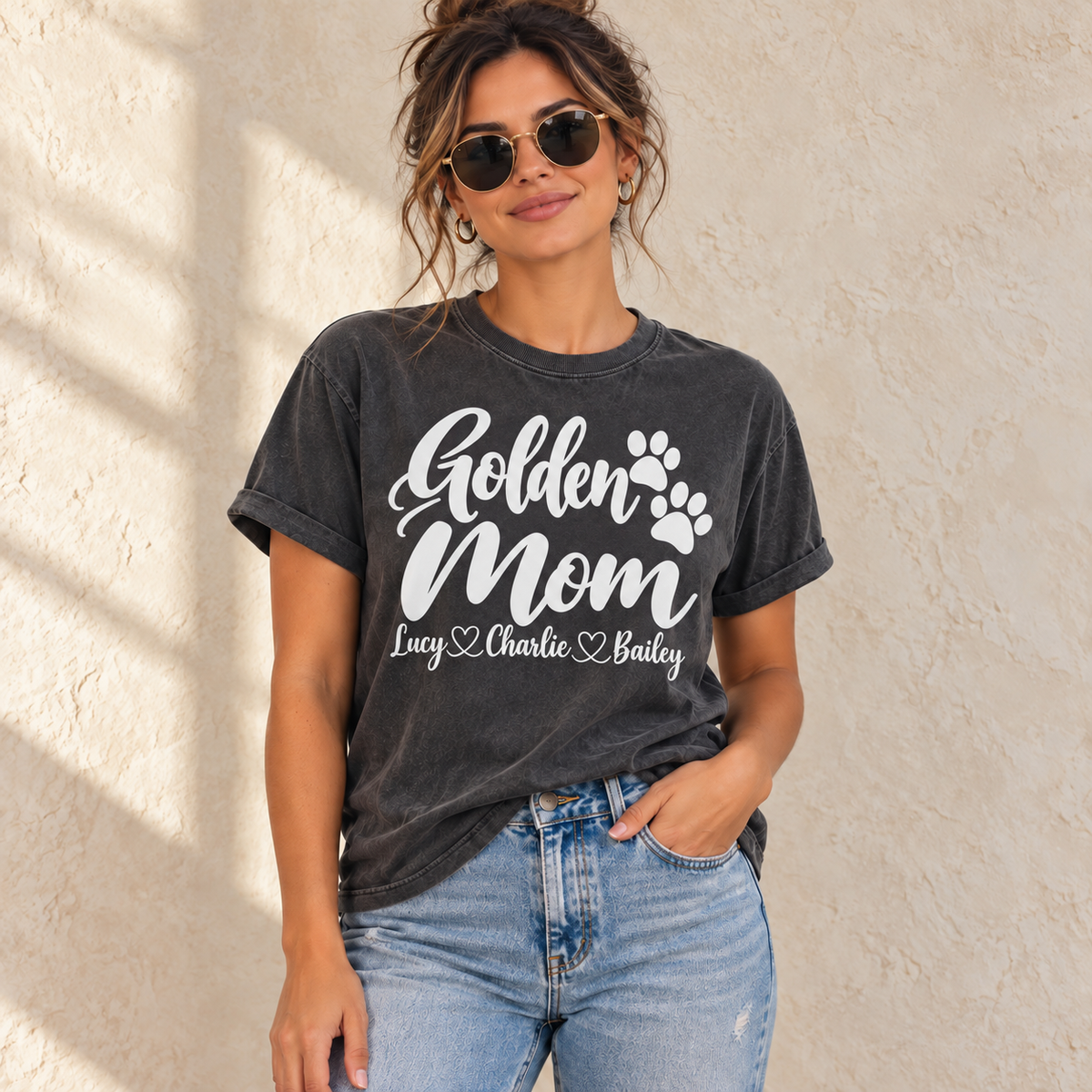 Personalized Golden Retriever Mom T-Shirt — Basic shown with example pet names