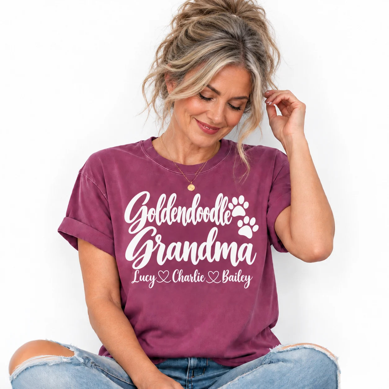 Goldendoodle Grandma personalized pet lover T-shirt modeled in a studio